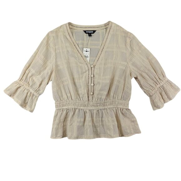 NEW Express Top Womens XS Beige Peasant Seersucker Rouched Smocked Boho Peplum - Picture 1 of 13